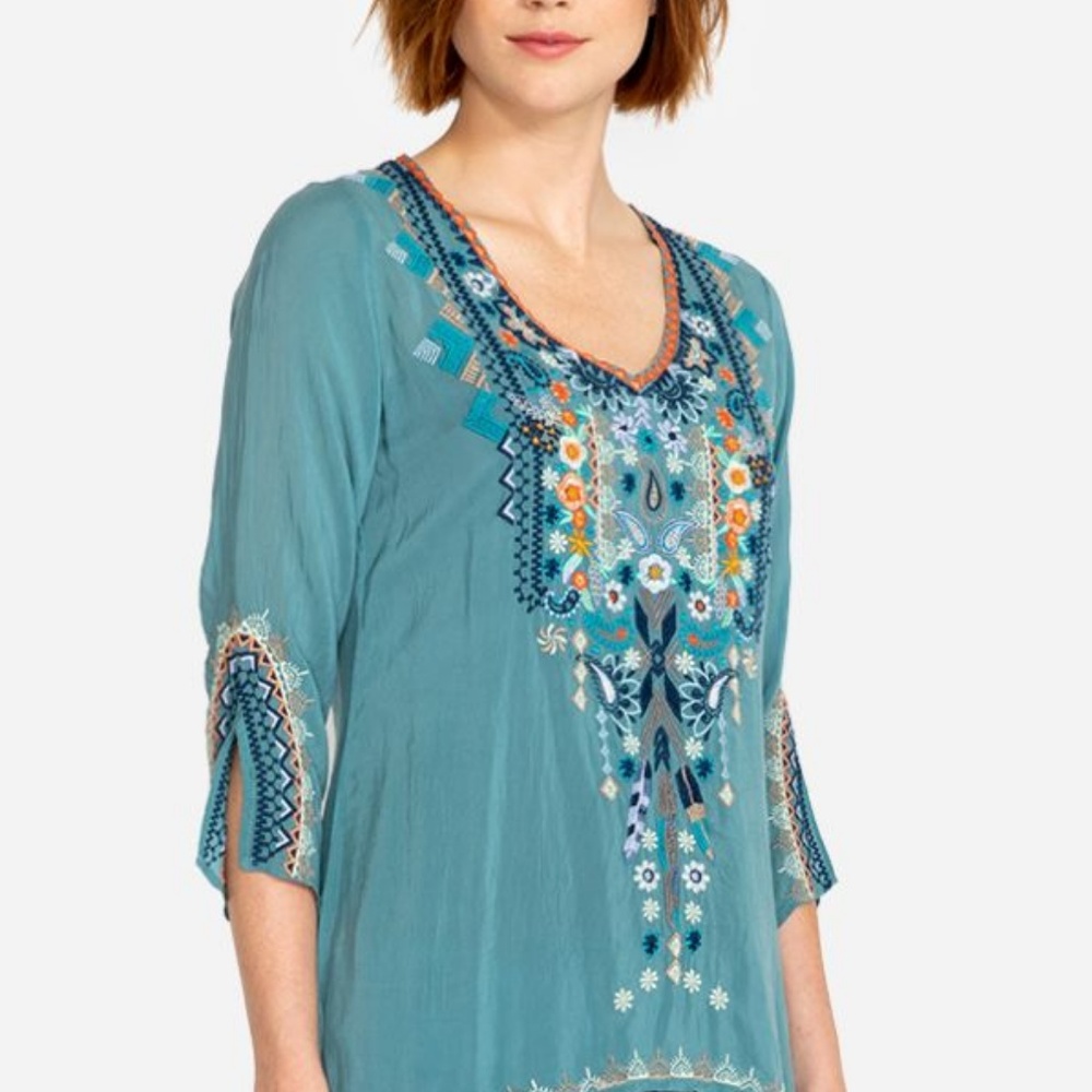 Johnny Was Teal V-Neck Embroidered Flutter Sleeve Blouse - Picture 3 of 5